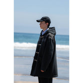 Unisex Jacket Retro Patchwork Plaid Coat Men's Horn Button Hooded Overcoat